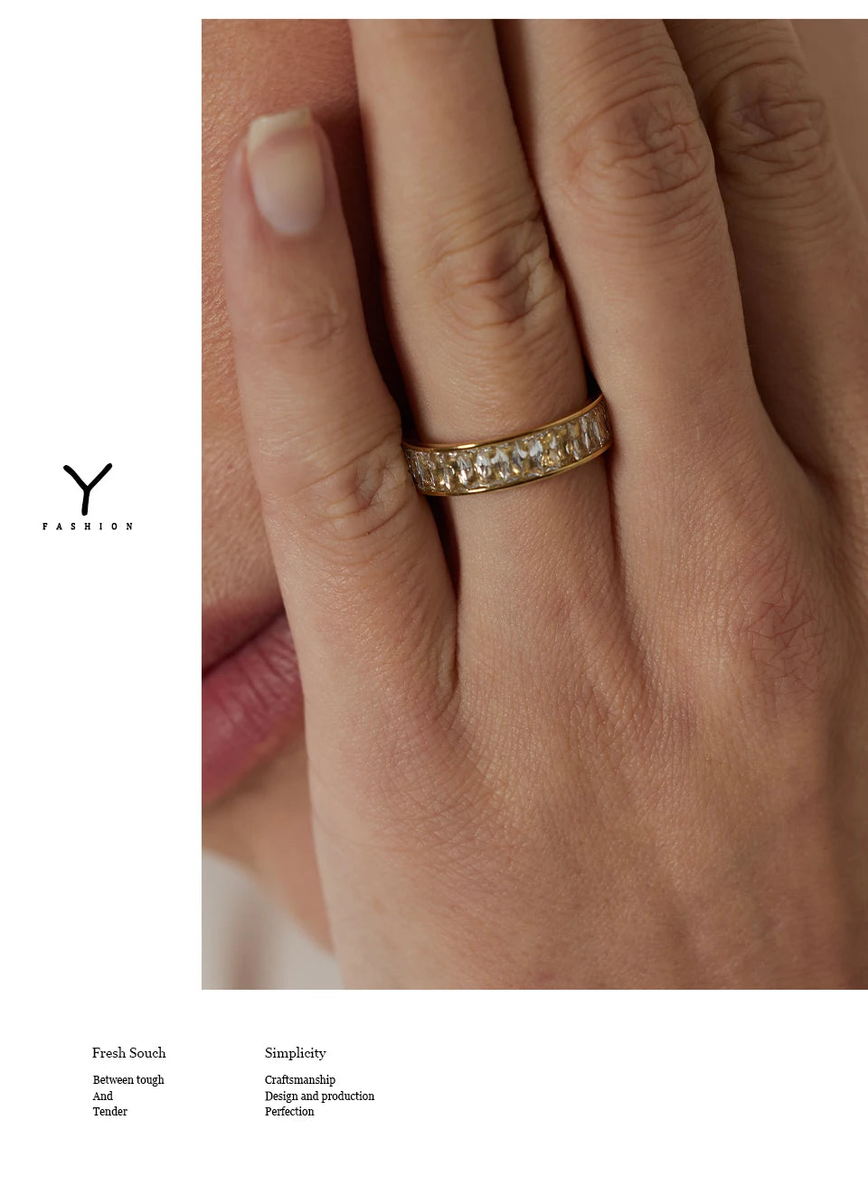 Cubic zirconia geometric ring in 18K gold-plated stainless steel with cubic zirconia.
