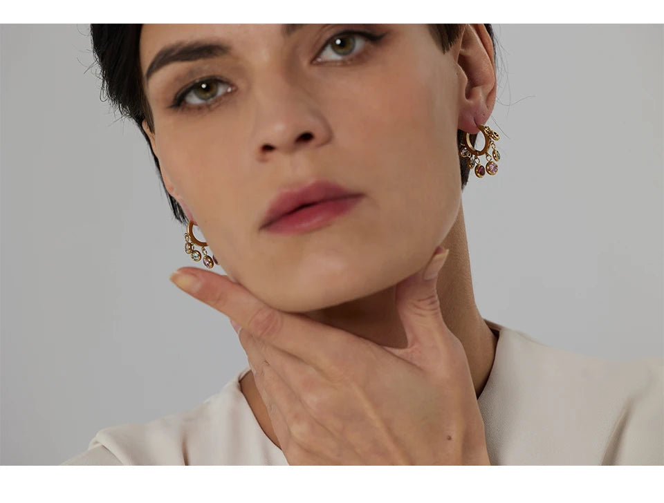 Cubic Zirconia Hammered Multi-Color Earrings — Gold-Plated Stainless Steel with Cubic Zirconia · PS2210