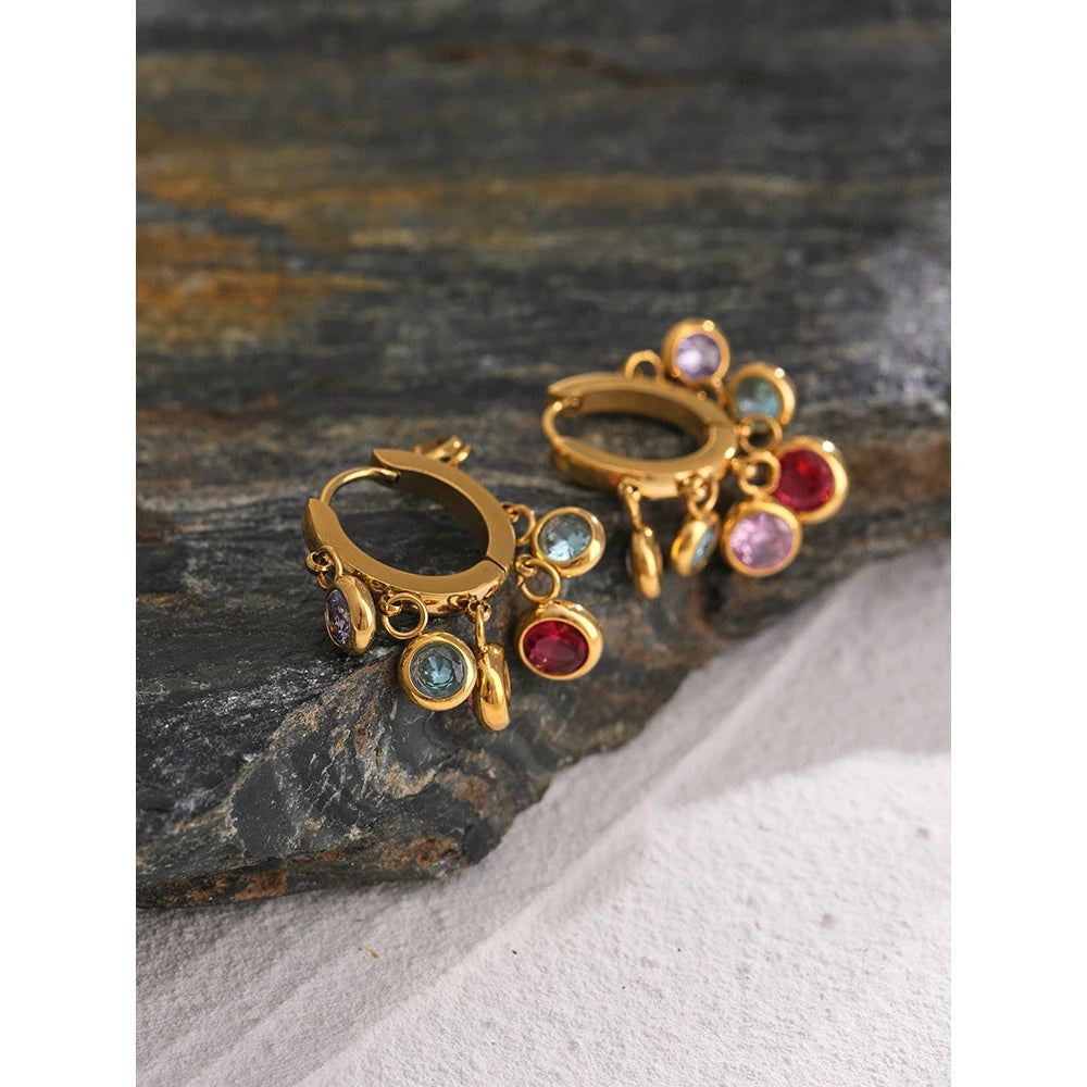 Cubic Zirconia Hammered Multi-Color Earrings — Gold-Plated Stainless Steel with Cubic Zirconia · PS2210