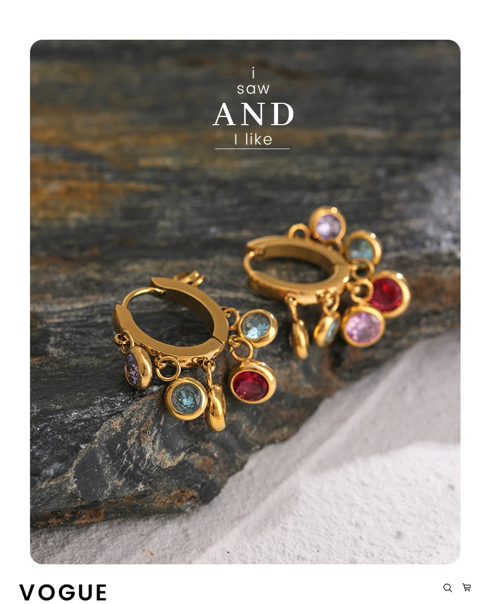 Cubic Zirconia Hammered Multi-Color Earrings — Gold-Plated Stainless Steel with Cubic Zirconia · PS2210