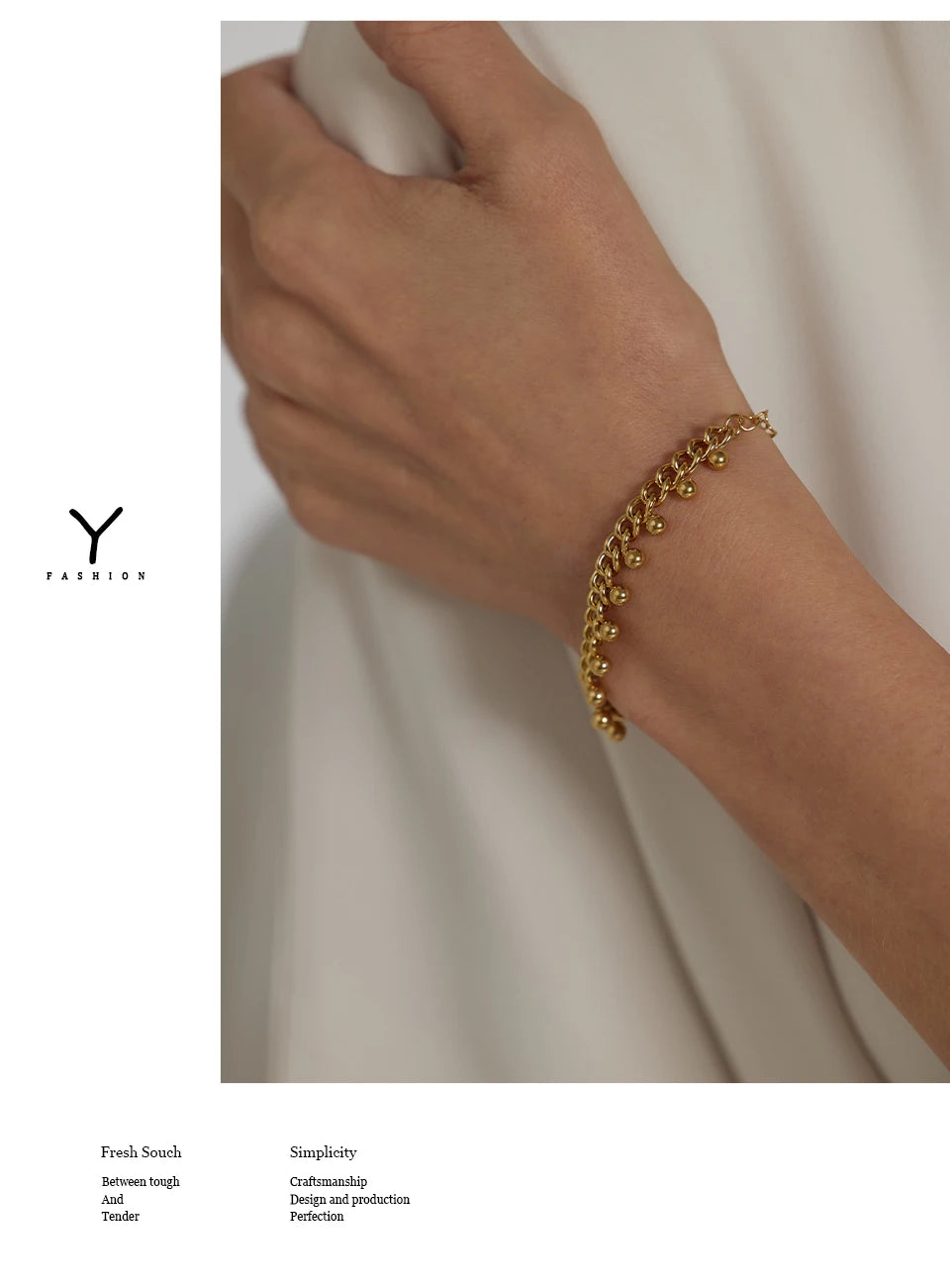 Beaded geometric chain bracelet in 18K gold-plated 316L stainless steel.