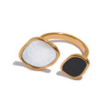 Shell acrylic geometric ring in 18K gold-plated 316L stainless steel with shell and acrylic.