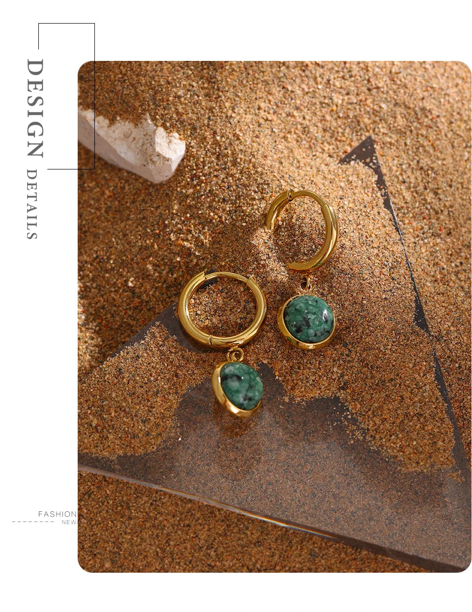 Green natural stone geometric earrings in gold-plated stainless steel with natural stone.