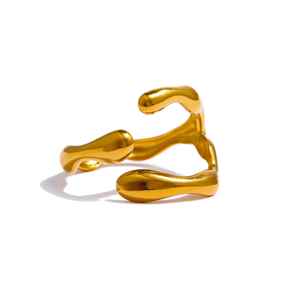 Gold-plated ring featuring a unique design with two intertwined rings.