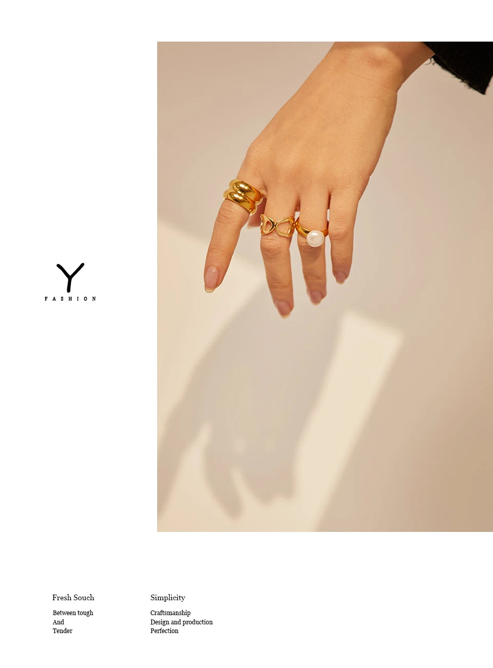 Pearl shell geometric ring in 18K gold-plated stainless steel with pearl and shell.
