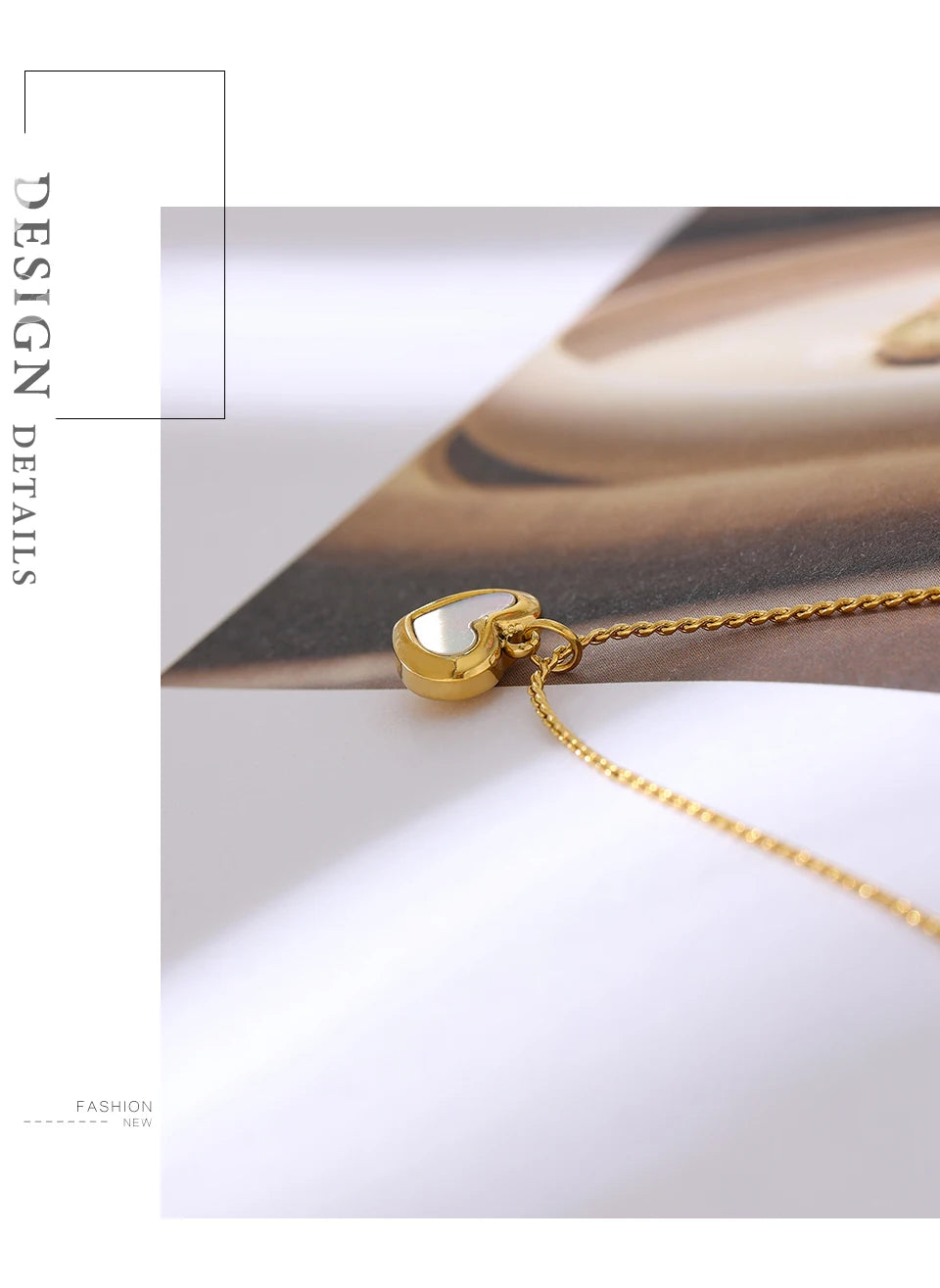Shell heart geometric necklace in 18K gold-plated stainless steel with shell.