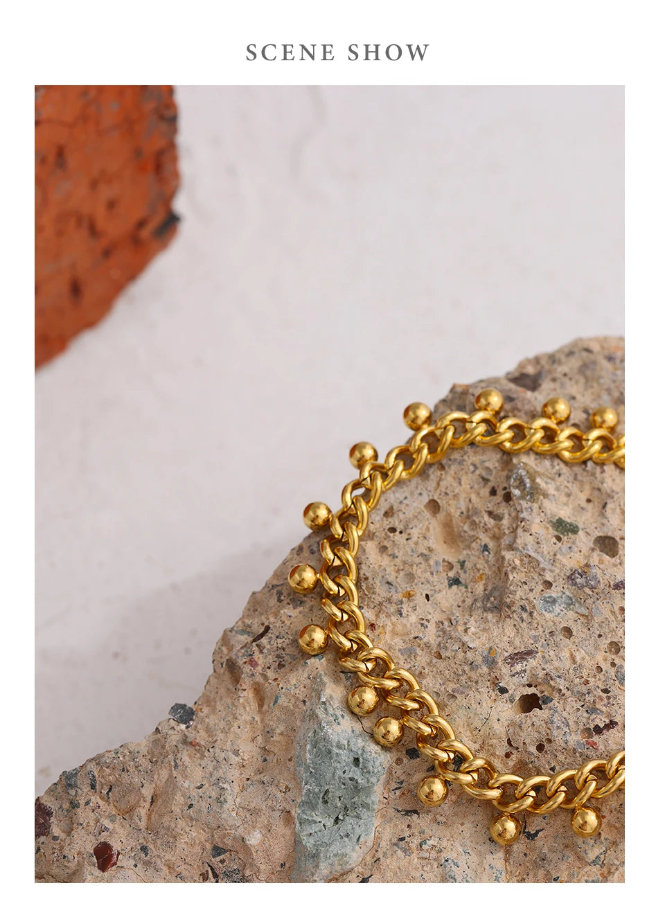 Beaded geometric chain bracelet in 18K gold-plated 316L stainless steel.
