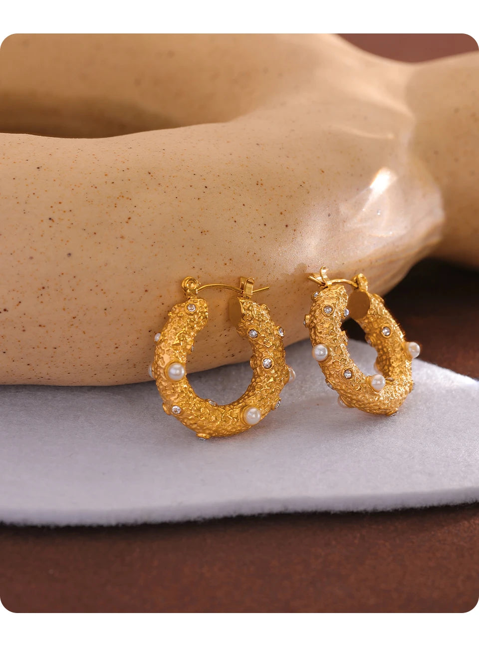 Cubic Zirconia Pearl Geometric Earrings — Gold-Plated Stainless Steel with Pearl and Cubic Zirconia · PS1627