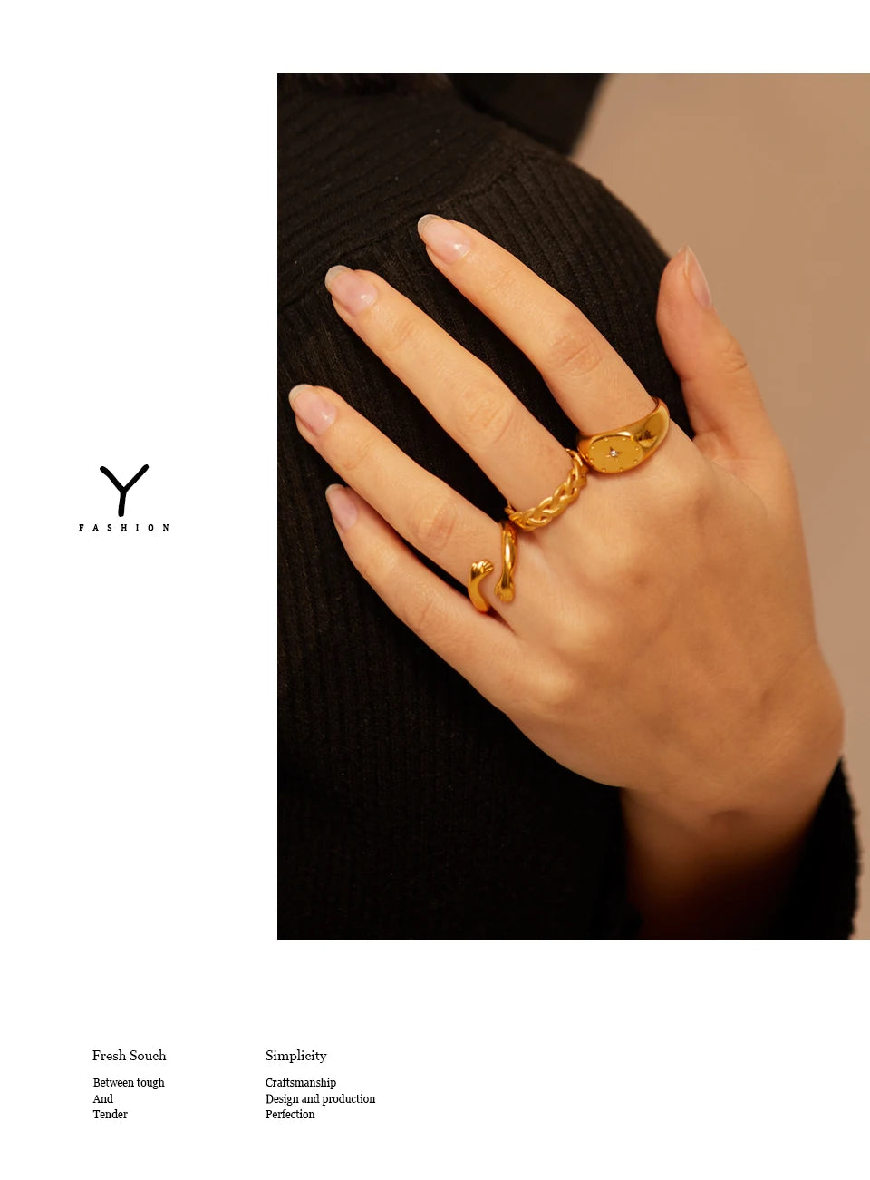 Geometric ring in 18K gold-plated stainless steel.