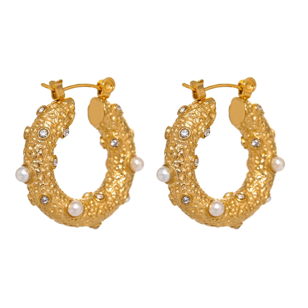 Cubic Zirconia Pearl Geometric Earrings — Gold-Plated Stainless Steel with Pearl and Cubic Zirconia · PS1627