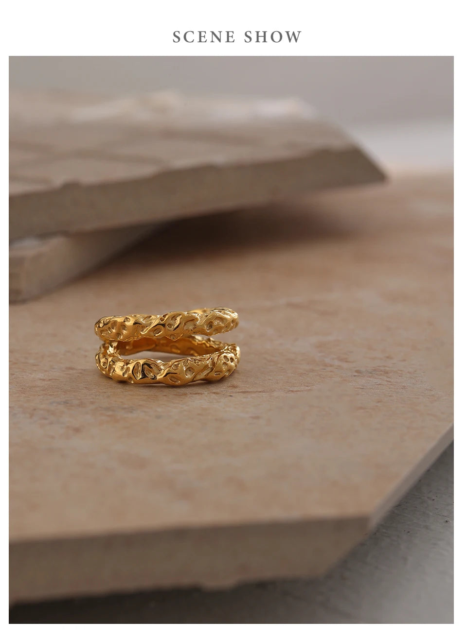Geometric ring in 18K gold-plated stainless steel.
