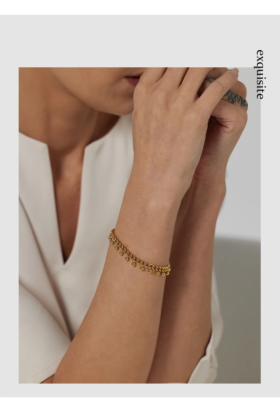 Beaded geometric chain bracelet in 18K gold-plated 316L stainless steel.