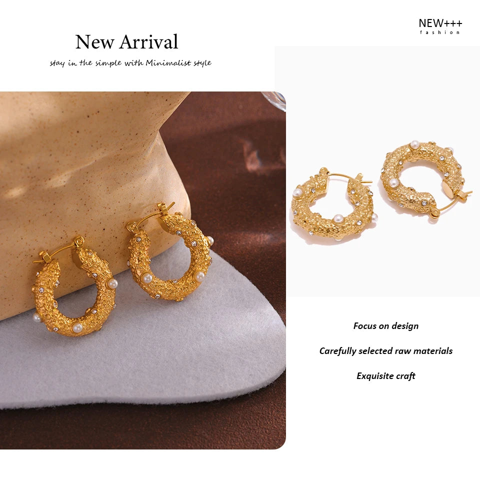 Cubic Zirconia Pearl Geometric Earrings — Gold-Plated Stainless Steel with Pearl and Cubic Zirconia · PS1627