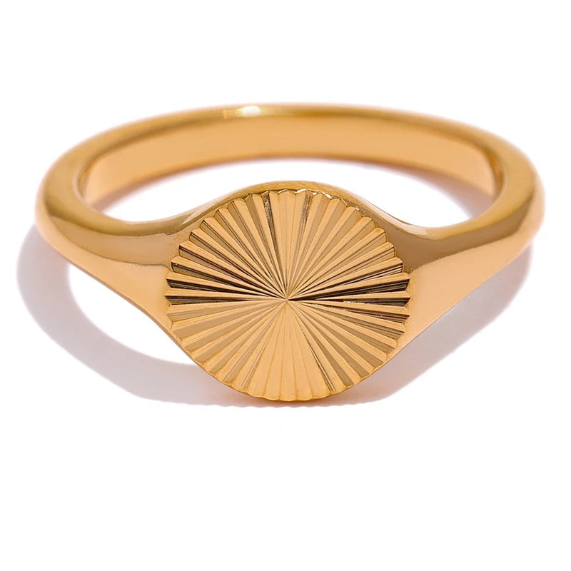 Gold-plated stainless steel ring with a sunburst design on top.