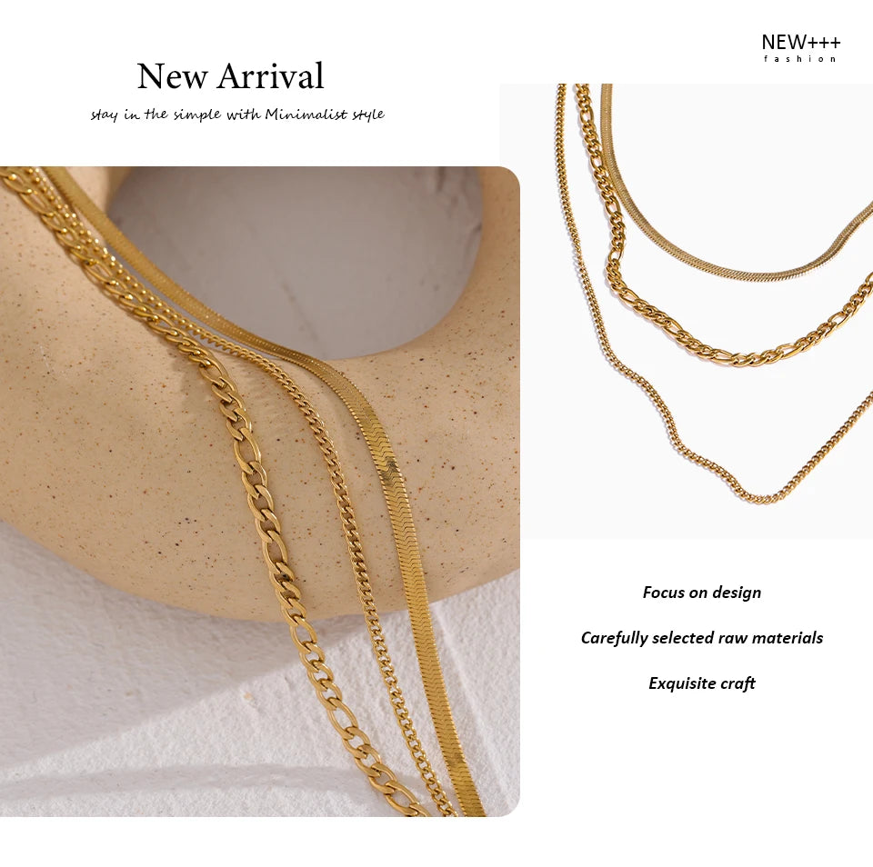 Geometric chain layered necklace in gold-plated stainless steel.