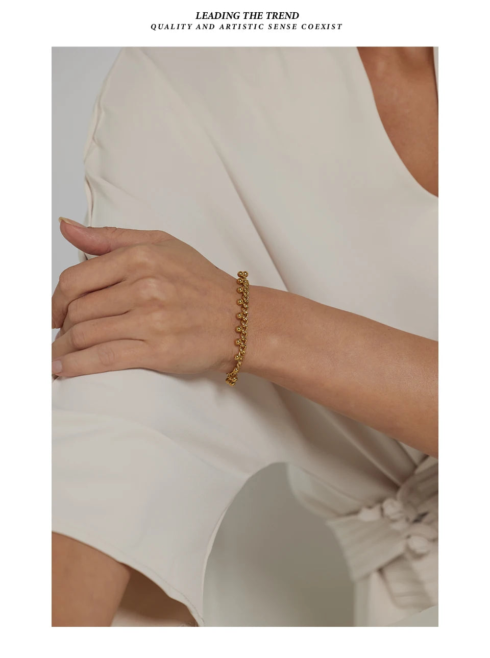 Beaded geometric chain bracelet in 18K gold-plated 316L stainless steel.