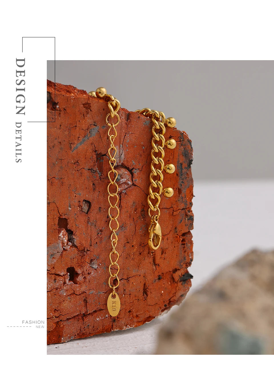 Beaded geometric chain bracelet in 18K gold-plated 316L stainless steel.