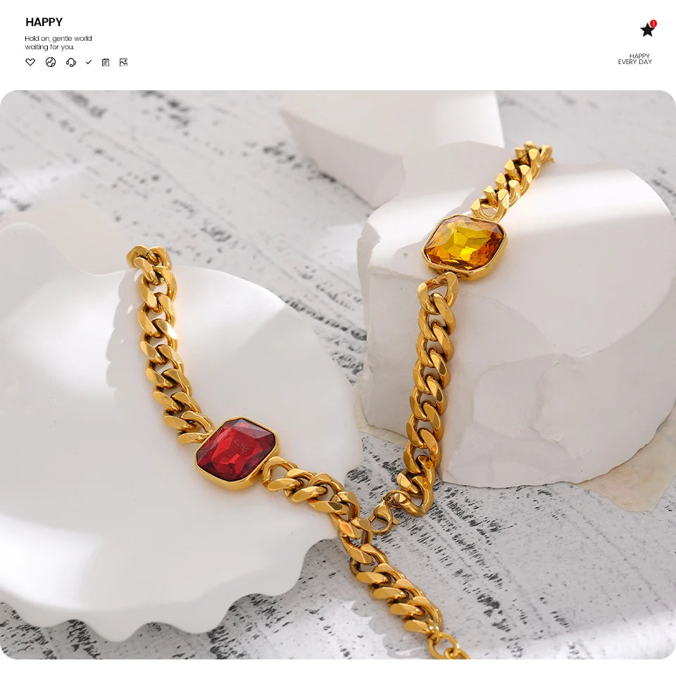 Red Cubic Zirconia Geometric Bracelet — 18K Gold-Plated Stainless Steel with Cubic Zirconia · PS1617