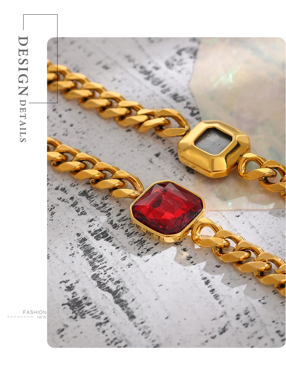 Red Cubic Zirconia Geometric Bracelet — 18K Gold-Plated Stainless Steel with Cubic Zirconia · PS1617