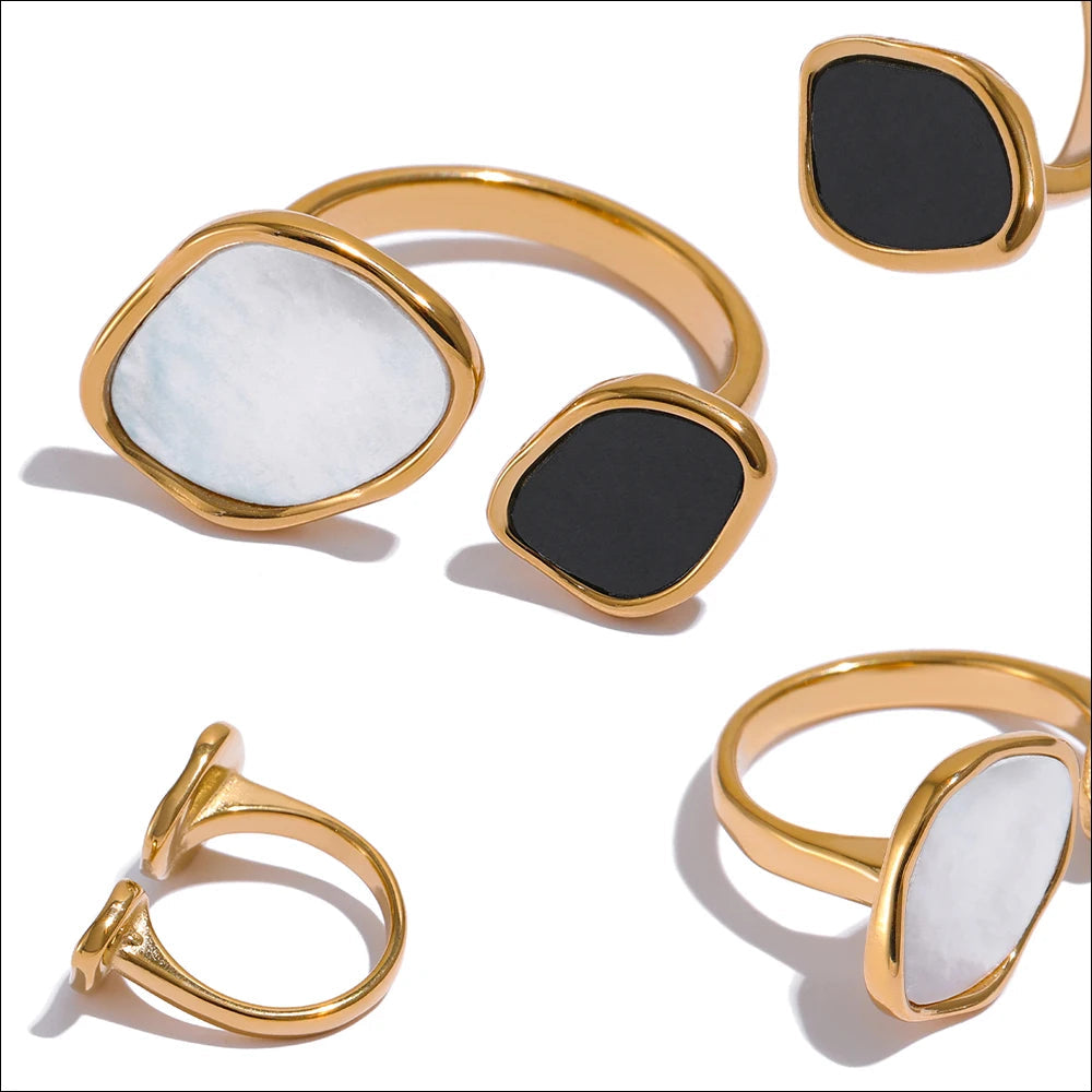 Shell acrylic geometric ring in 18K gold-plated 316L stainless steel with shell and acrylic.