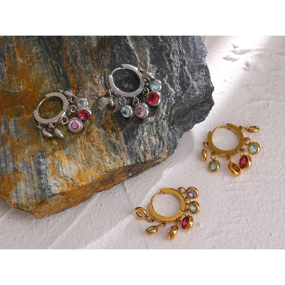 Cubic Zirconia Hammered Multi-Color Earrings — Gold-Plated Stainless Steel with Cubic Zirconia · PS2210