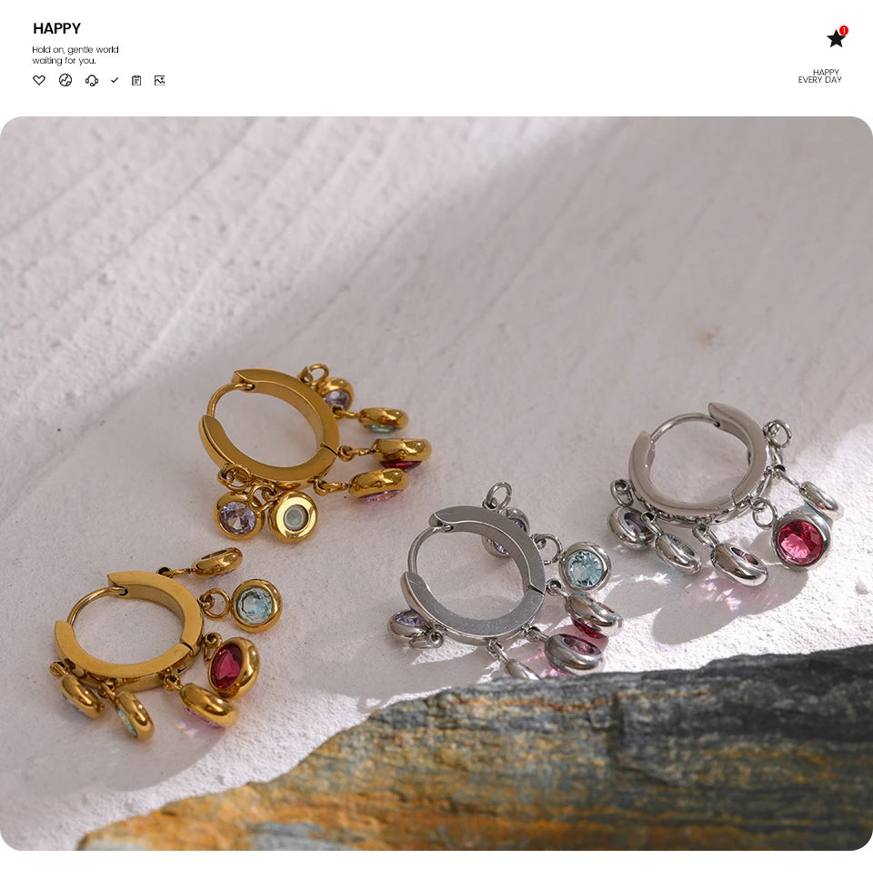 Cubic Zirconia Hammered Multi-Color Earrings — Gold-Plated Stainless Steel with Cubic Zirconia · PS2210