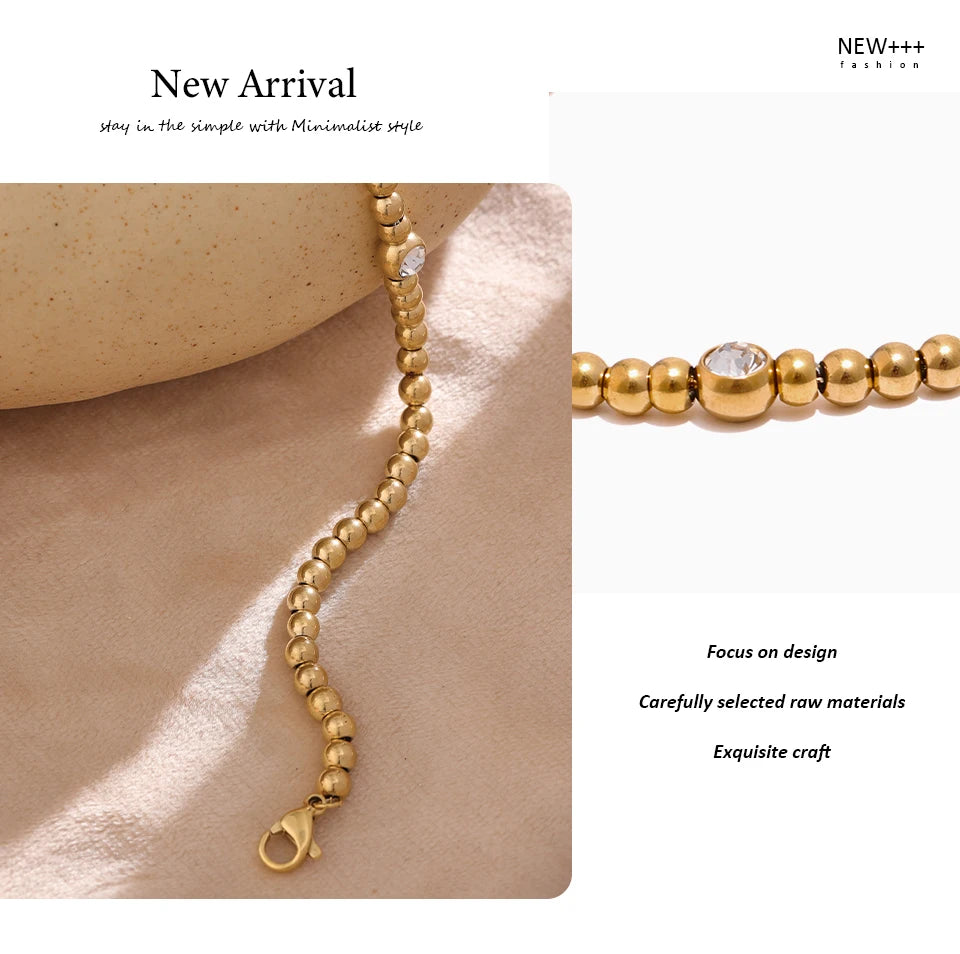Cubic Zirconia Beaded Geometric Bracelet — Gold-Plated Stainless Steel with Cubic Zirconia · PS1573
