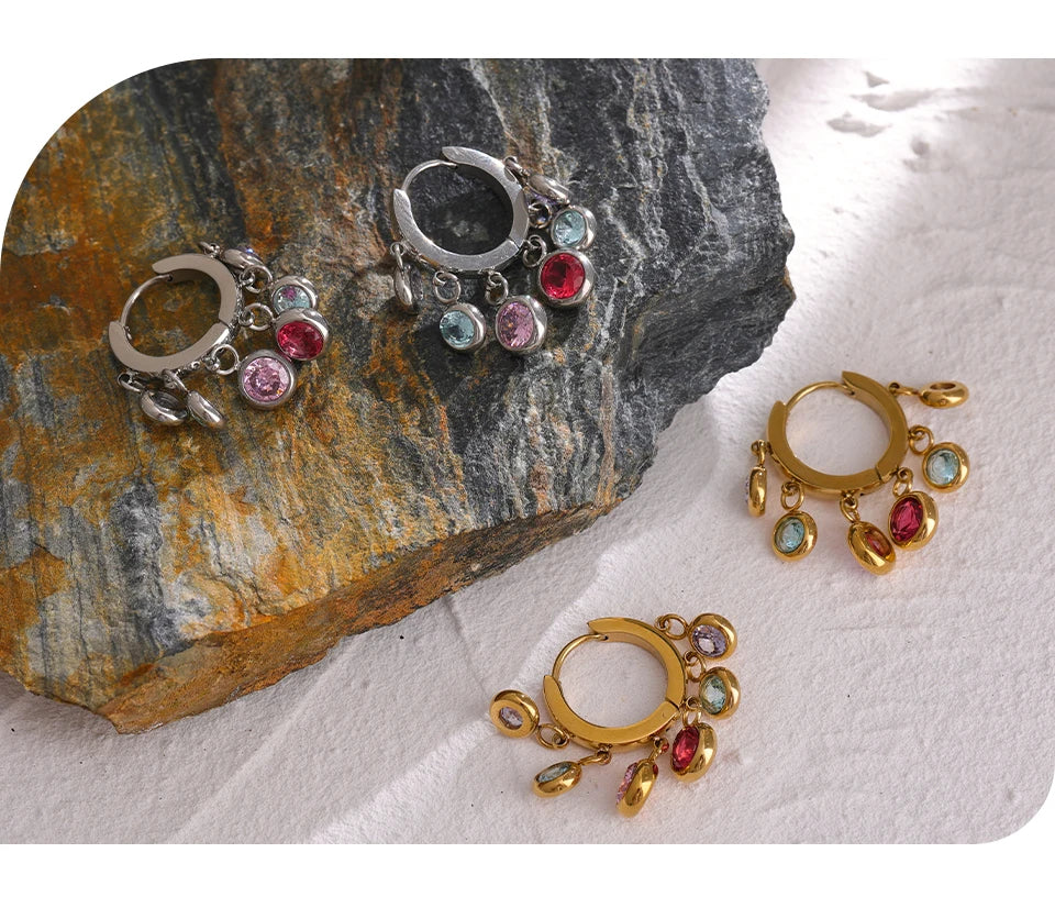Cubic Zirconia Hammered Multi-Color Earrings — Gold-Plated Stainless Steel with Cubic Zirconia · PS2210
