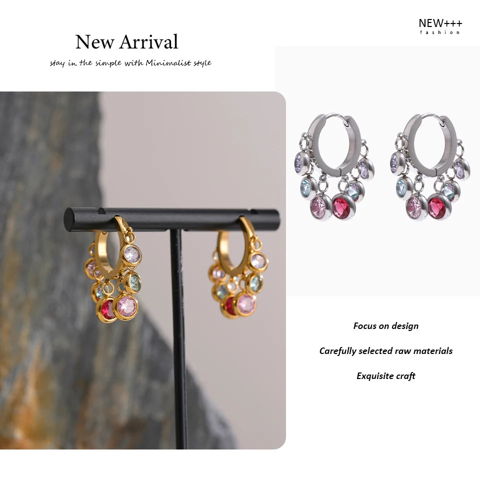 Cubic Zirconia Hammered Multi-Color Earrings — Gold-Plated Stainless Steel with Cubic Zirconia · PS2210