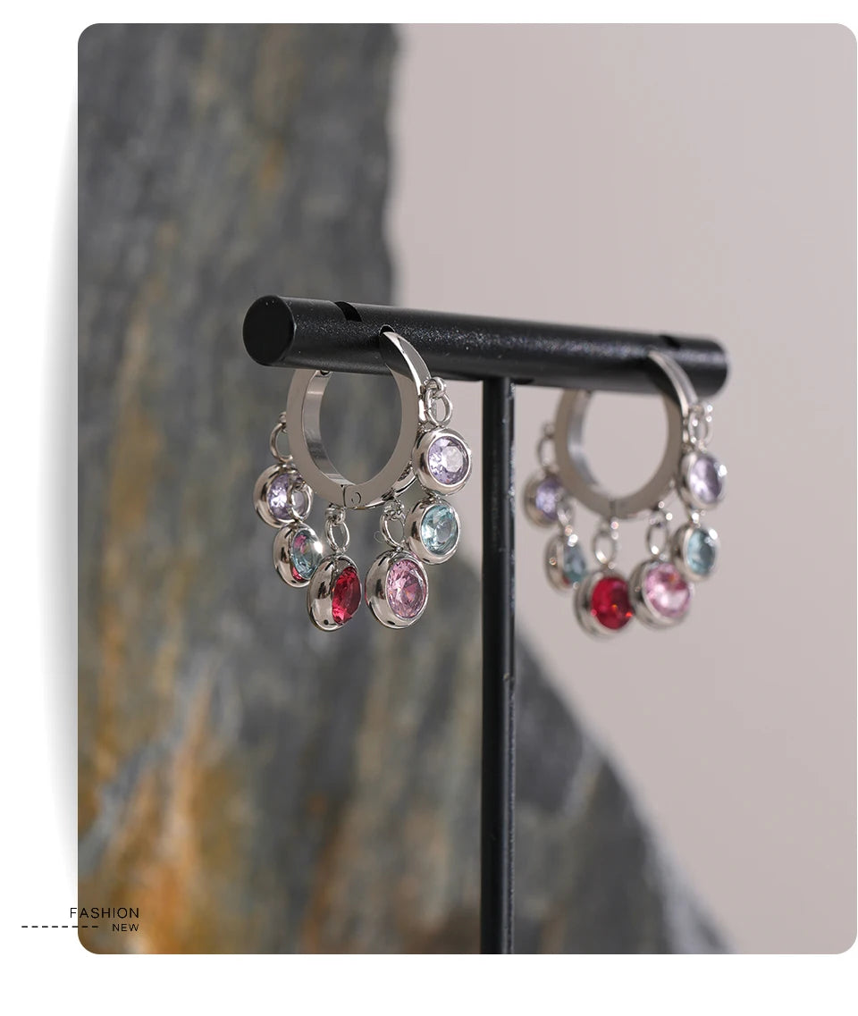 Cubic Zirconia Hammered Multi-Color Earrings — Gold-Plated Stainless Steel with Cubic Zirconia · PS2210