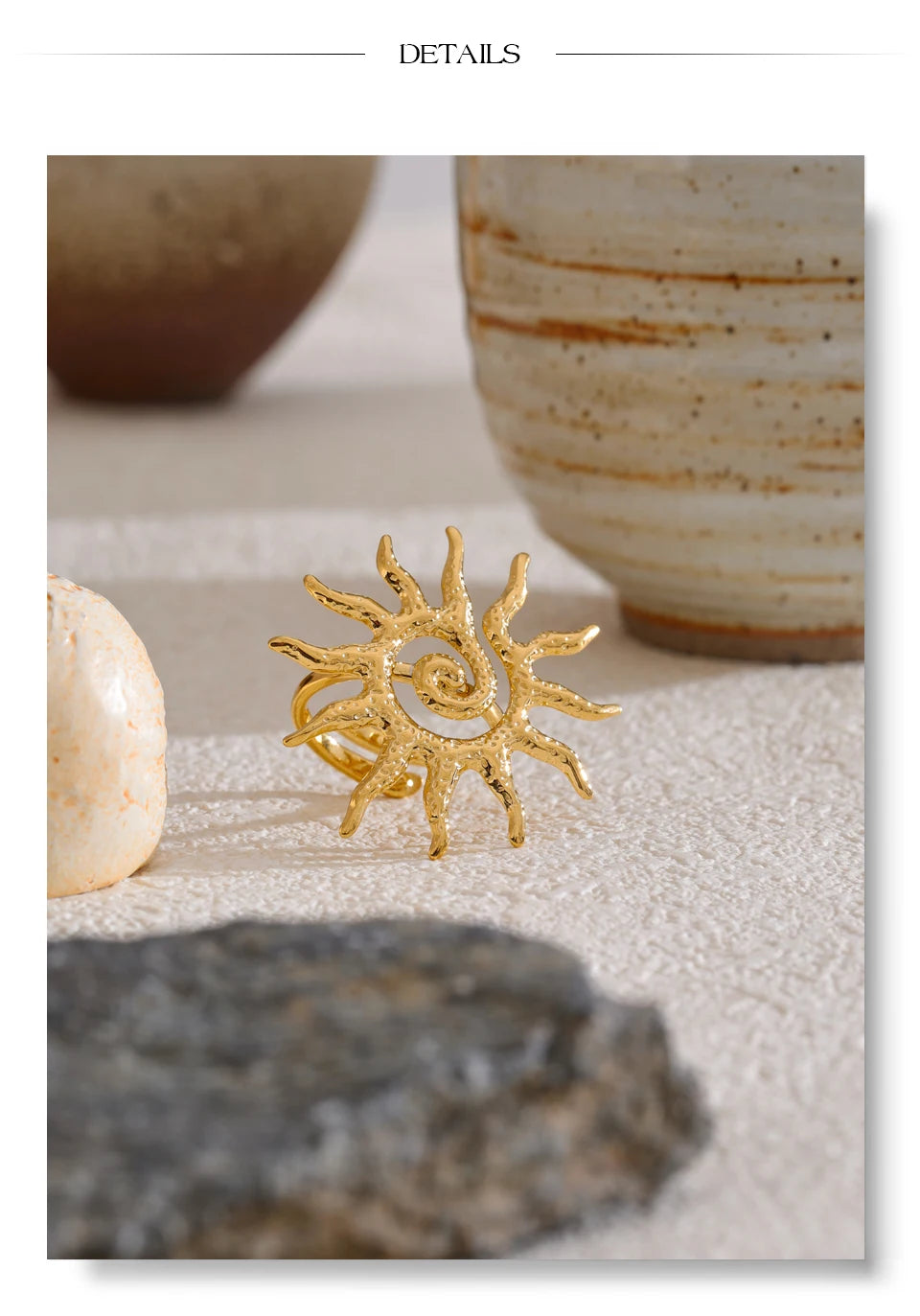 Sun geometric ring in 18K gold-plated stainless steel.