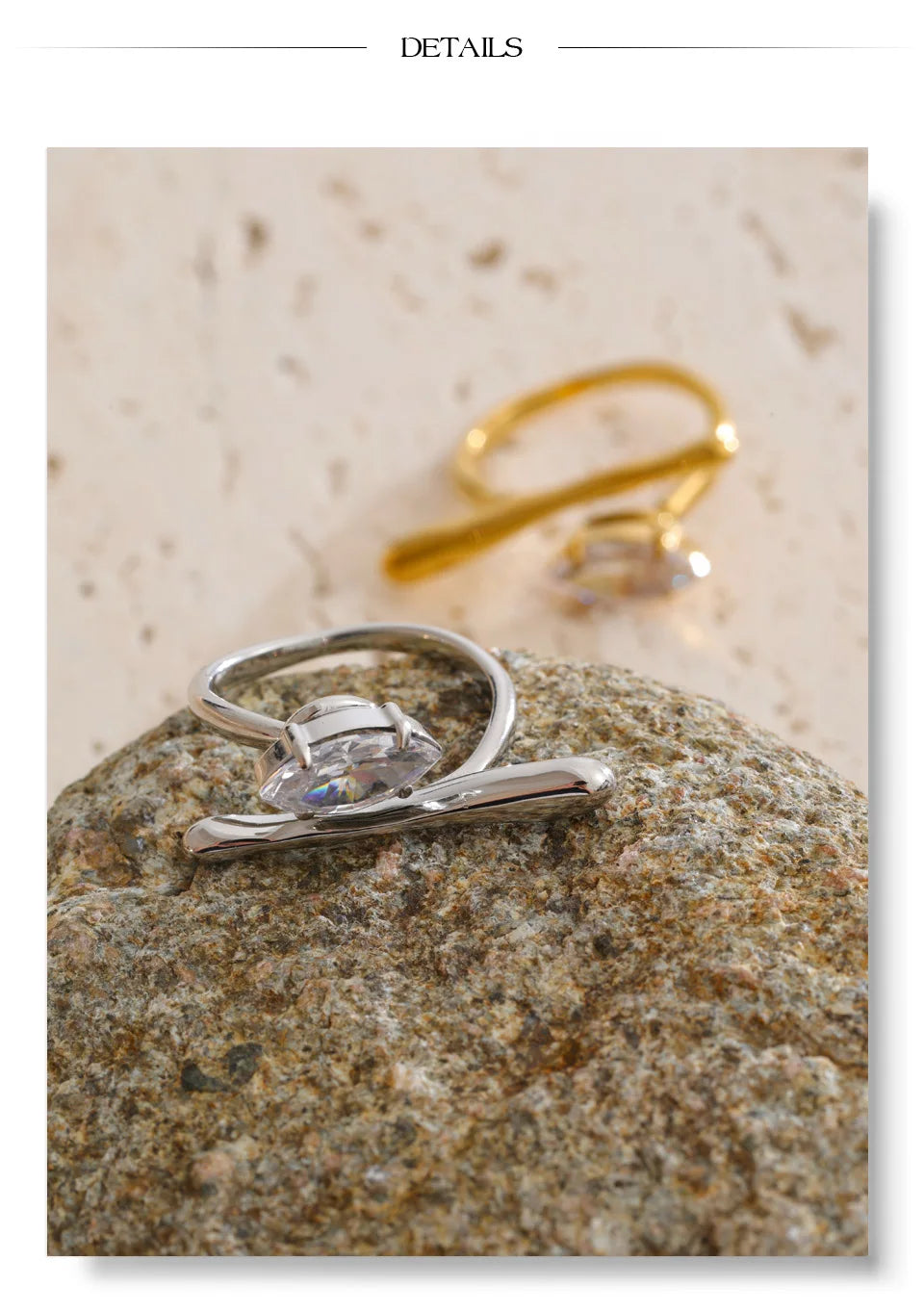 Cubic zirconia geometric ring in 18K gold-plated stainless steel with cubic zirconia.