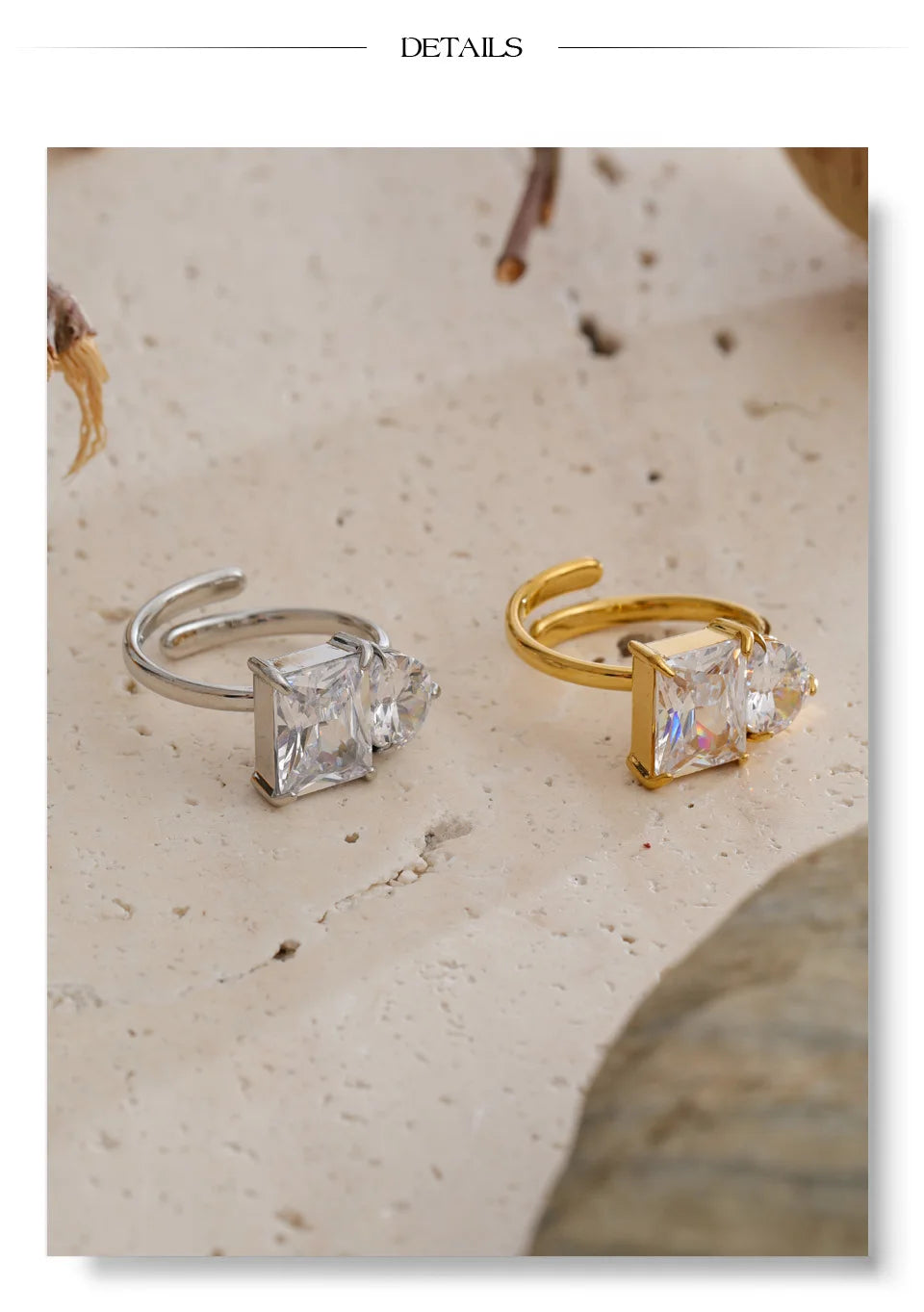 Cubic zirconia geometric ring in 18K gold-plated stainless steel with cubic zirconia.