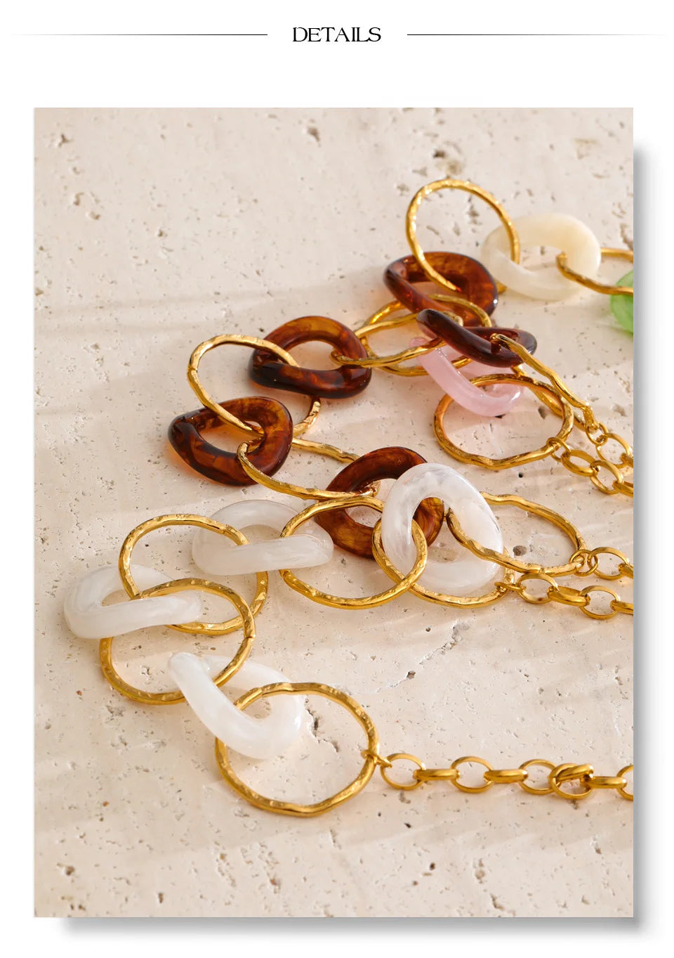 Resin acrylic geometric necklace in gold-plated stainless steel with resin and acrylic.