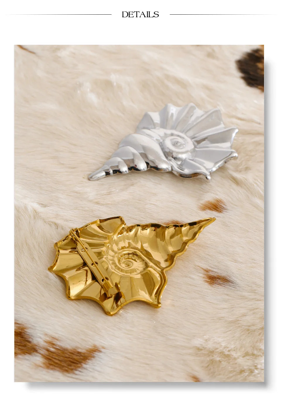 Shell geometric brooch in gold-plated stainless steel with shell.