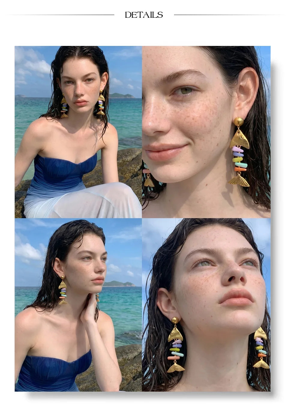 Resin multi-color geometric earrings in gold-plated stainless steel with resin.