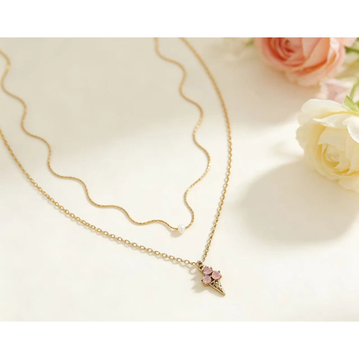 Pink Crystal Ice Cream Pendant Necklace Charm — 316L Stainless Steel · PS455