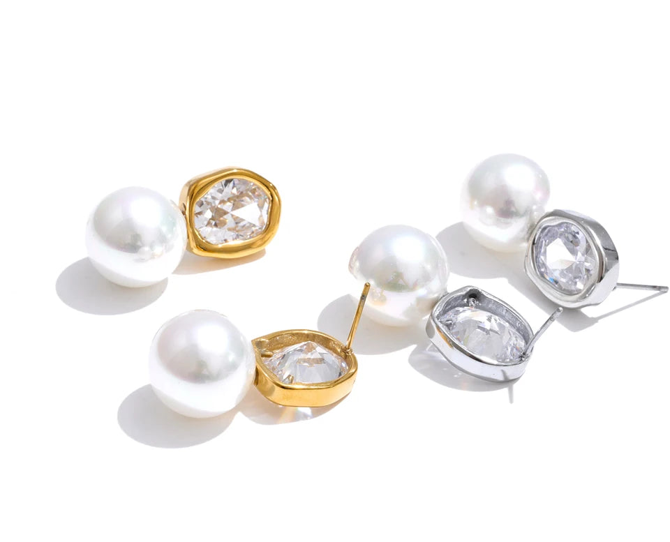 Cubic Zirconia Pearl Geometric Earrings — Gold-Plated Stainless Steel with Pearl and Cubic Zirconia · PS1428