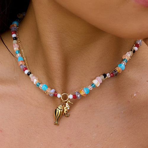 Color Bead Fish Necklace — Stainless Steel