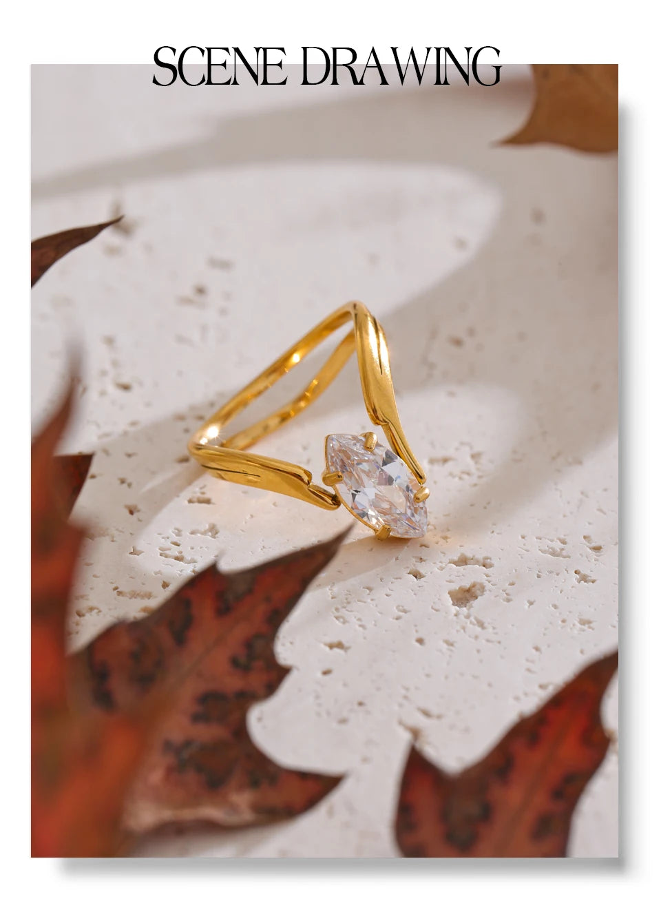 Cubic zirconia geometric ring in 18K gold-plated stainless steel with cubic zirconia.
