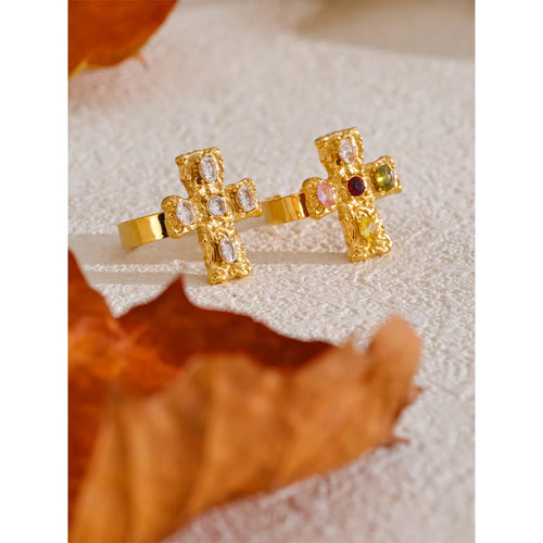 Cubic zirconia cross multi-color ring in 18K gold-plated stainless steel with cubic zirconia.