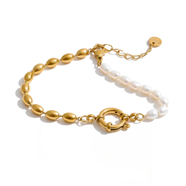 Freshwater Pearl Geometric Bracelet — Gold-Plated Stainless Steel with Freshwater Pearl · PS2057