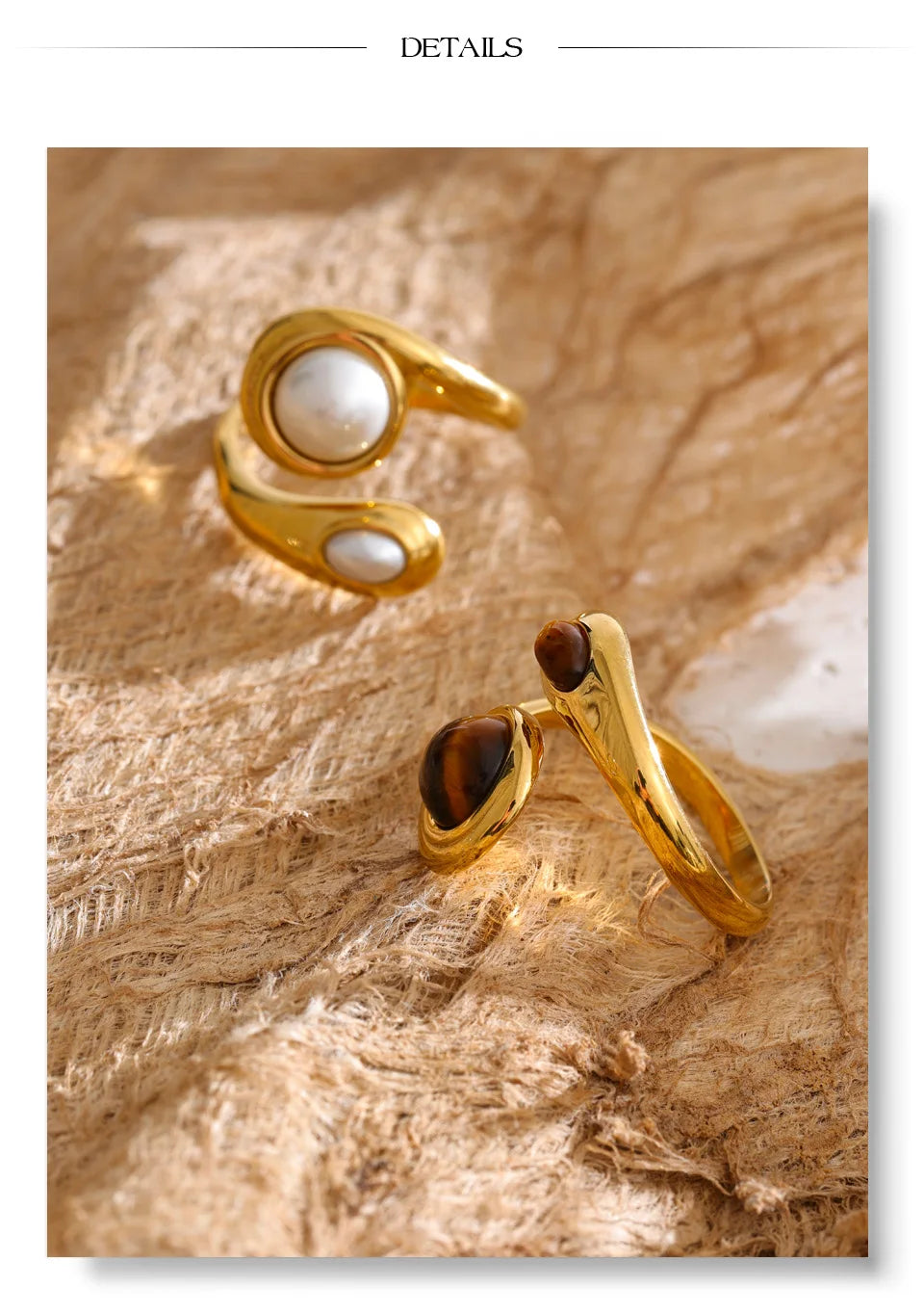 Pearl natural stone geometric ring in 18K gold-plated stainless steel with pearl and natural stone.