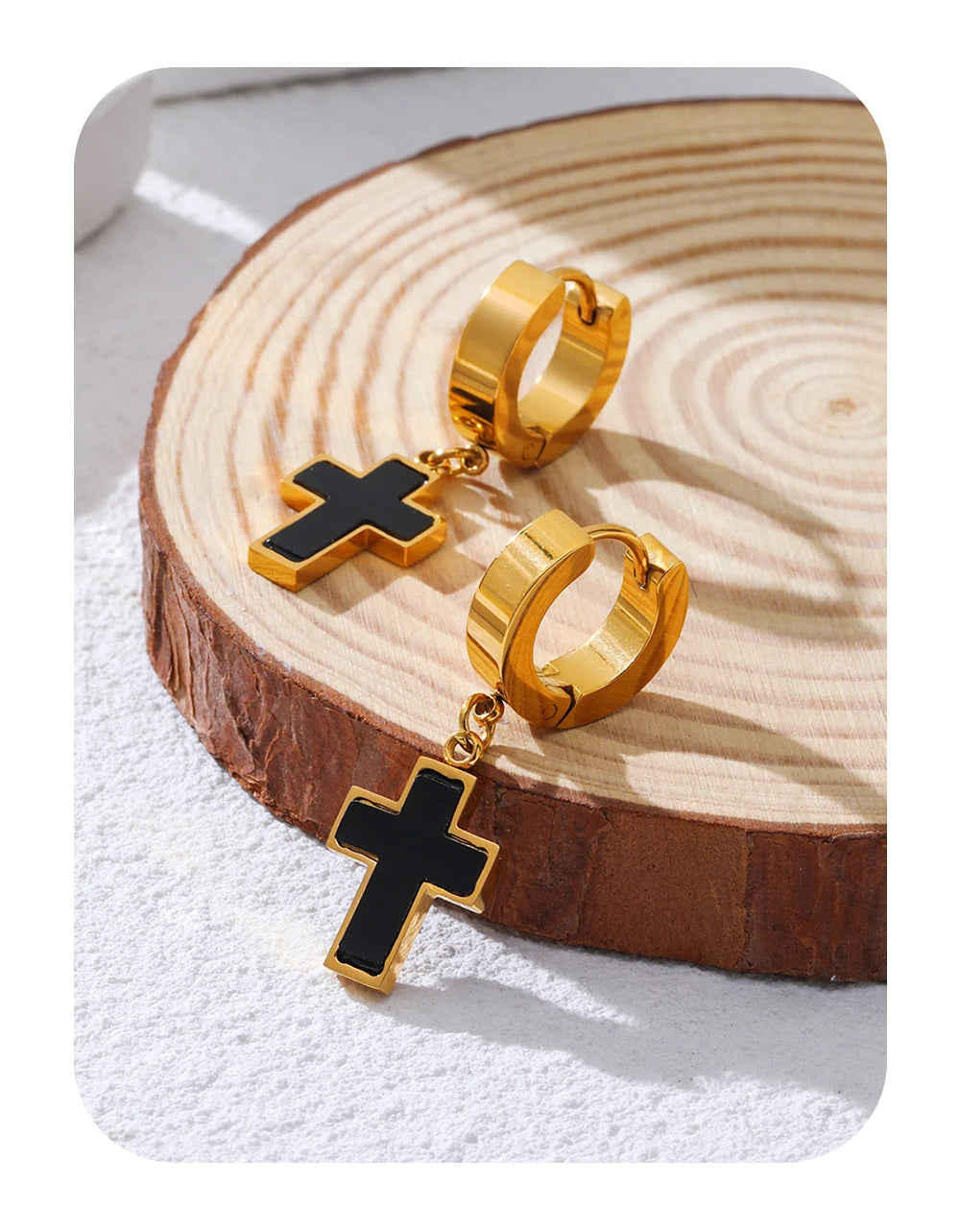 Cross Huggie Earrings Black Acrylic Charm — 316L Stainless Steel · PS456