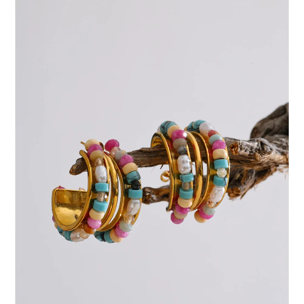 Pearl crystal natural stone earrings in gold-plated stainless steel with pearl and natural stone.