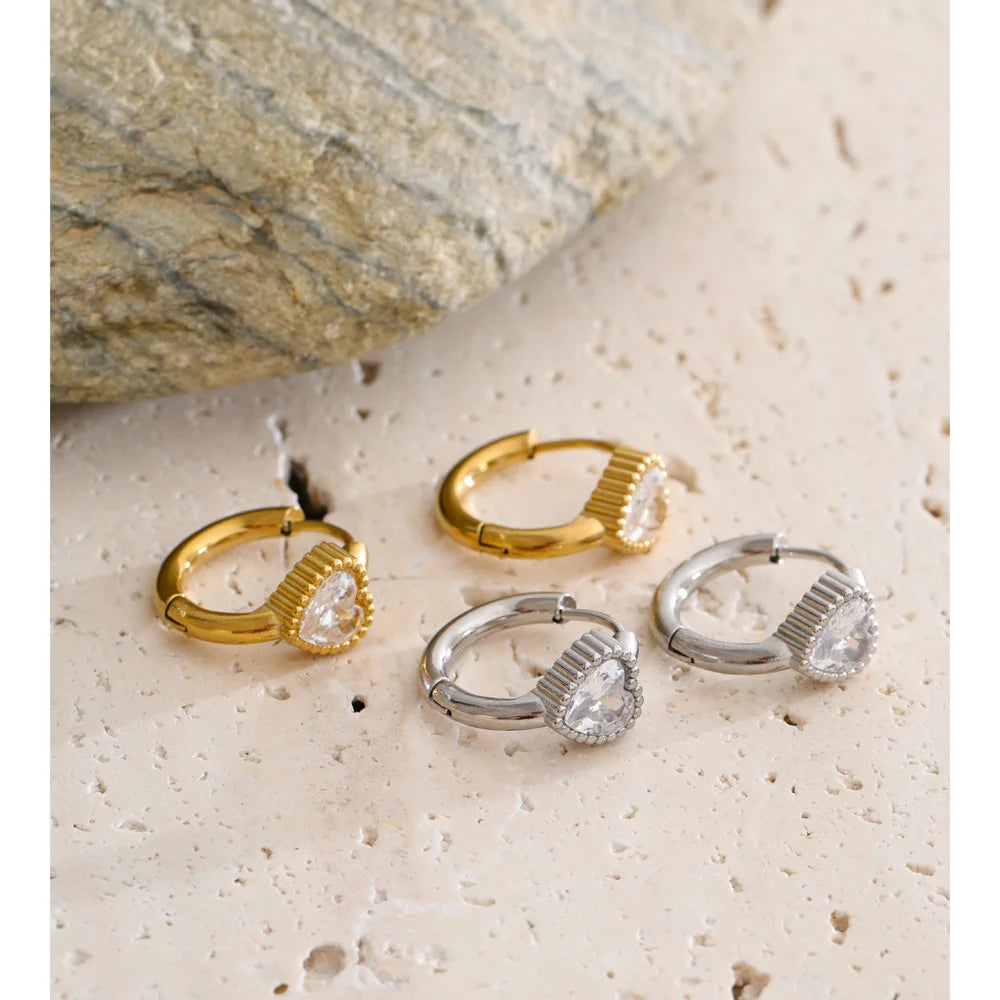 Cubic Zirconia Heart Earrings — 14K Gold-Plated Stainless Steel with Cubic Zirconia · PS1419