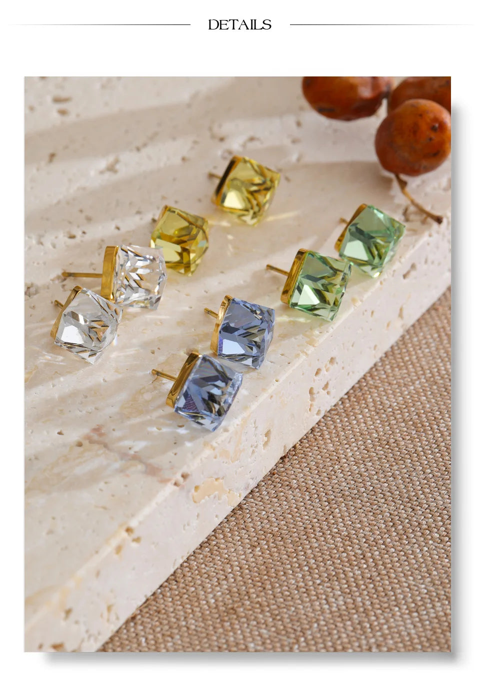 Crystal multi-color geometric earrings in gold-plated stainless steel with crystal.
