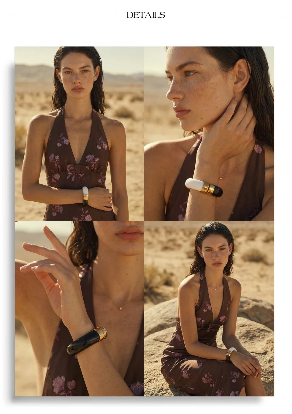 Resin acrylic geometric bracelet in gold-plated stainless steel with resin and acrylic.