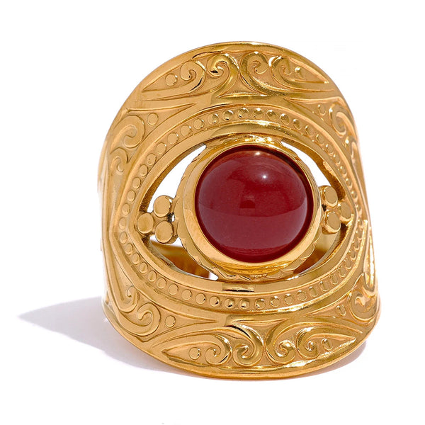 Gold-plated stainless steel ring with red stone.