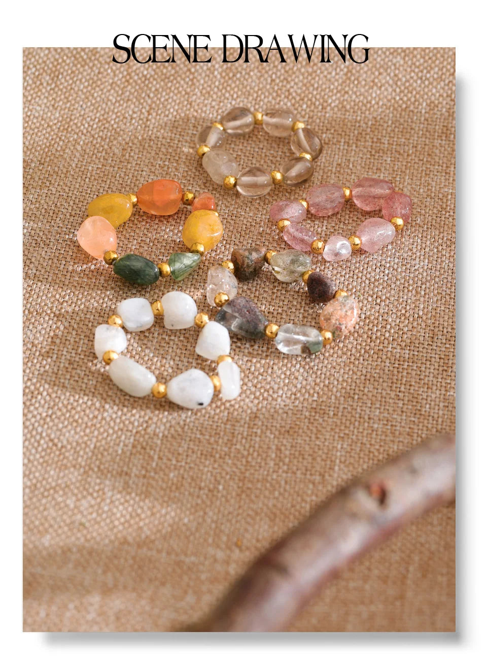 Natural stone geometric ring in 18K gold-plated stainless steel with natural stone.